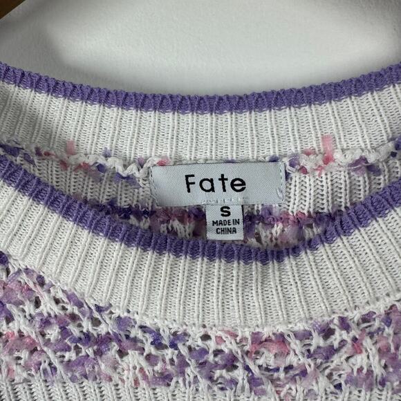 Fate Anthropologie Sweater Women Size S White Purple Ruffle Long Sleeve Spring - Picture 9 of 10